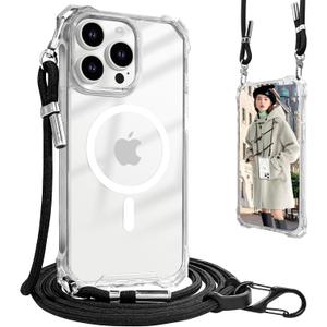 UnnFiko for iPhone 16 Pro Case Clear, Compatible with Magsafe, Crossbody Phone Case with Shoulder Strap, Shockproof Drop Protection, Magnetic Phone Case for iPhone 16 Pro (Clear)