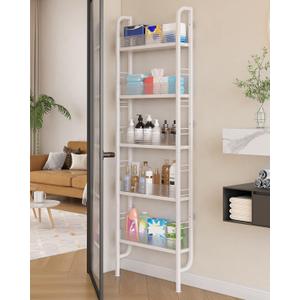 UMDONX Behind The Door Bathroom Shelf Narrow 5-Tier, Slim Space-Saving Storage Shelf, Freestanding Narrow Shelving Unit for Bathroom, Kitchen, Closet and Laundry Room (White)