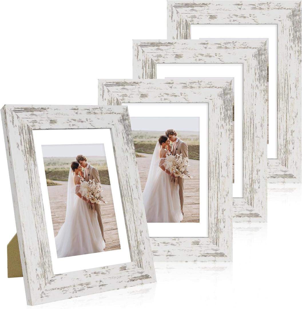 4x6 Picture Frame Set of 4, Made of Real Glass and Distressed White Wooden Frame, 4 by 6 Photo for Wall or Tabletop - Display Picture 3.5x5 with Mat or 4x6 Without Mat
