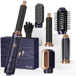 Blow Dryer Brush Set of 6, Air Curling Iron 3 Temperature Negative Ionic Hair Dryer Brush, Hot Air Brush Hair Styling Tools, 800W Volumize Straightener Round Brush Blow Dryer 100-120V (Blue Gold)