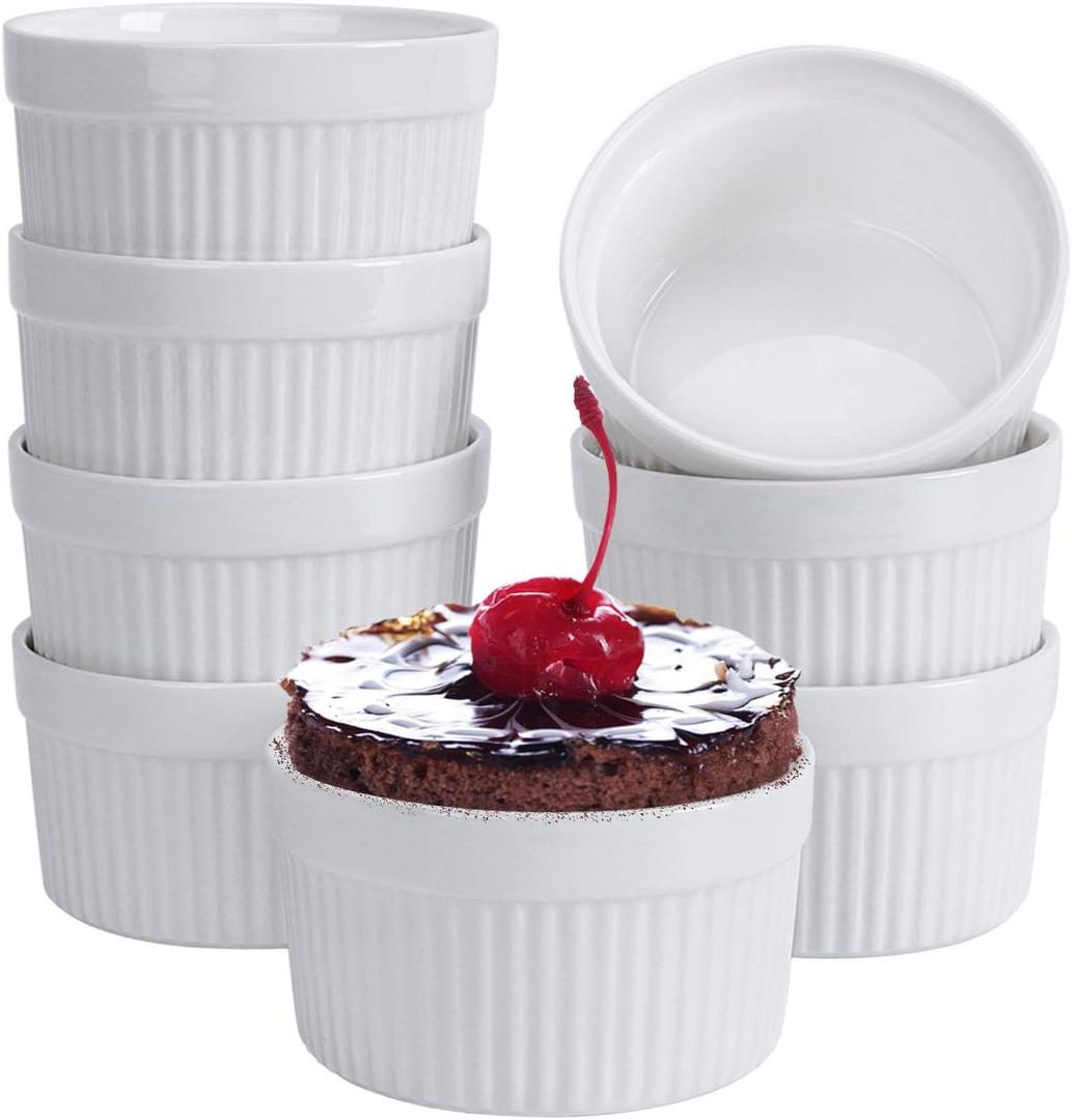 Ramekins 6 oz Set of 8, Creme Brulee Ramekins, Souffle Dishes, Oven Safe Porcelain Ramiken Bowls For Custard, Lava Cakes, Pudding, Flan, Mini Desserts, Dipping Sauce Cups
