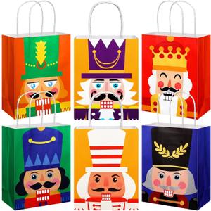 TaoBary 24 Pcs Nutcracker Christmas Gift Bags Bulk Kraft Paper Medium Size Christmas Goody Gifts Treat Bags with Handle for Cookie Candy Xmas Holiday Supplies, 8.3 x 6 x 3.1 In(Classic,Multicolor)