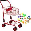 The New York Doll Collection Toy Shopping Cart for Kids and Toddler - Includes Food - Folds for Easy Storage - with Sturdy Metal Frame (Red)