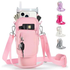 linmaya Water Bottle Carrier Bag for Stanley Cup 40/30oz with Phone Holder Pockets,Neoprene Water Bottle Cross-body Bag with Adjustable Shoulder & Hand Strap Stanley Cup Accessories (pink)