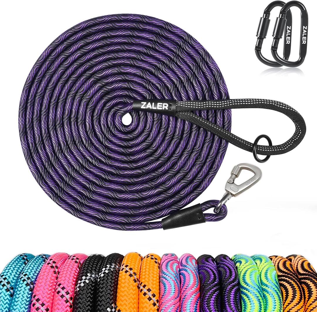 ZALER Long Dog Leash,  30ft  Dog Training Lead, Heavy Duty Check Cord Recall Leash for Dogs Training, Playing, Camping, or Backyard (30FT, Black Purple)  