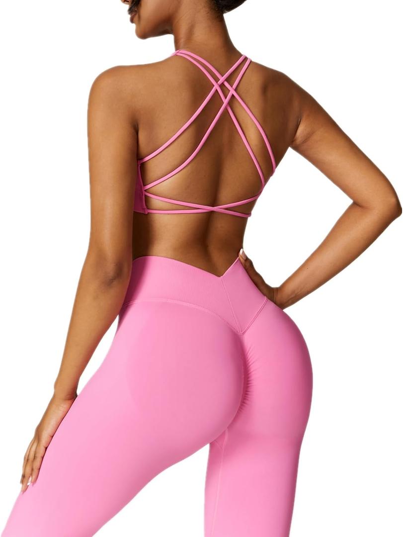ABOCIW 2 Piece Workout Sets for Women Seamless Strappy Sports Bra V Scrunch Butt Lifting High Waist Leggings Gym Set (Small)