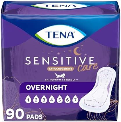 TENA Sensitive Care Incontinence Pads, Bladder Control, Postpartum for Women, Overnight Absorbency, Extra Coverage, 90 Count