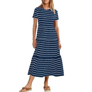 MITILLY Women's 2025 Summer Casual Short Sleeve T Shirt Dress Striped Tiered Swing Beach Maxi Dresses with Pockets (Medium, Navy)