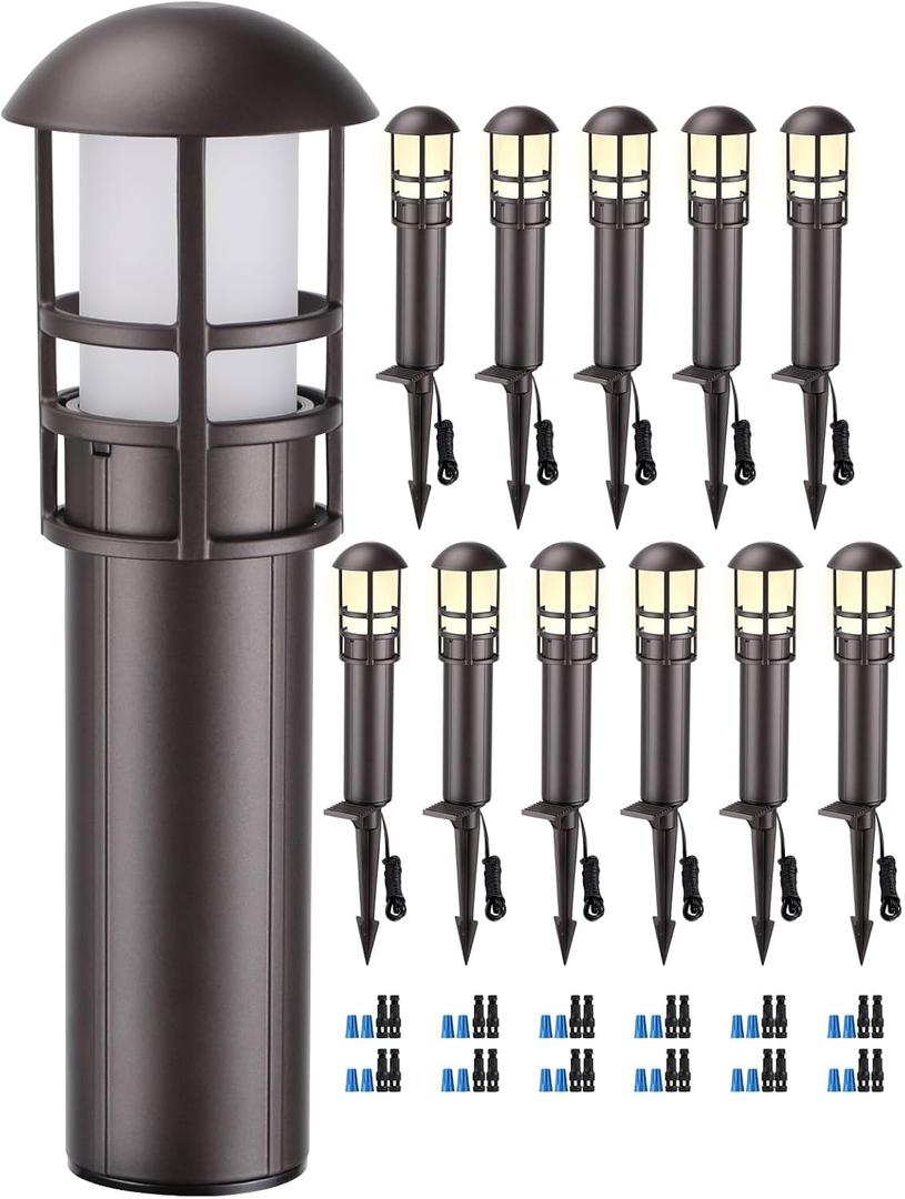 LEONLITE 12-Pack Low Voltage Landscape Pathway Lights 3W Landscape Lighting 12-24V LED Bollard Path Lights Wired CRI 90+ Aluminum Pathway Lighting for Walkway Yard Garden, ETL Listed, 3000K Warm White