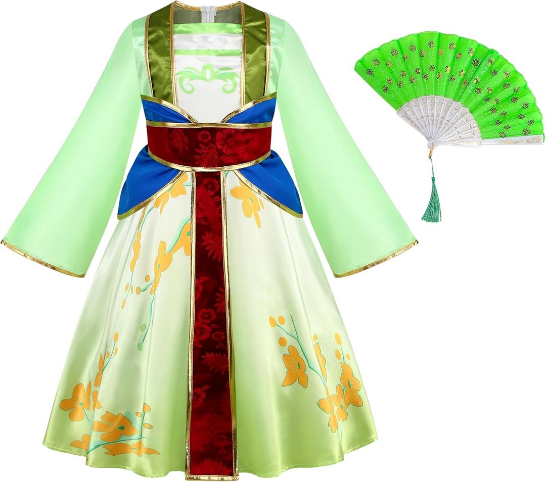 Mulan Costume Dress for Girl,Kid Halloween Princess Dress,Girl Movie Character Costume (110, Green)