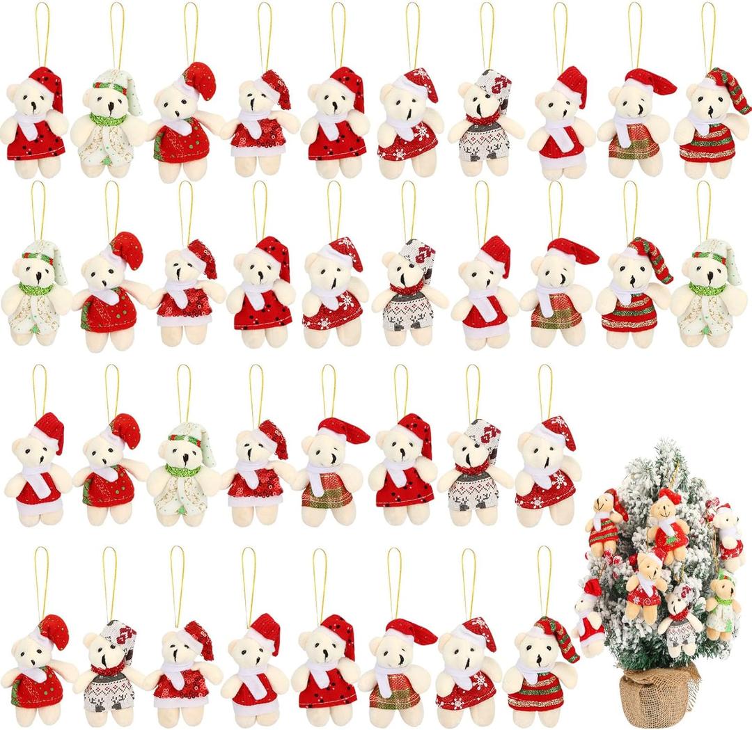 36 Sets 3 Inches Christmas Stuffed Animal Bulk Mini Plush Bear Small Bear Doll Key Chain with Tag Rope Organza Bag for Xmas Tree Decorations Stocking Stuffing Gifts(White, Light Brown)