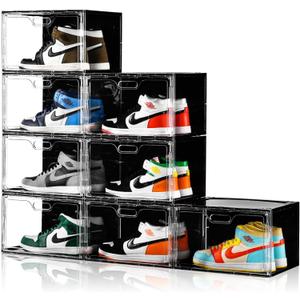 New 8 Pack Shoe Boxes Stackable, Large Shoe Storage Organizer with Lids,Drop Side Shoe Containers for Entryway,Sneaker Storage Fit up to US Size 13 for Men/Women(13x 10.6x 8.3) (Clear and Black-8-Pack)