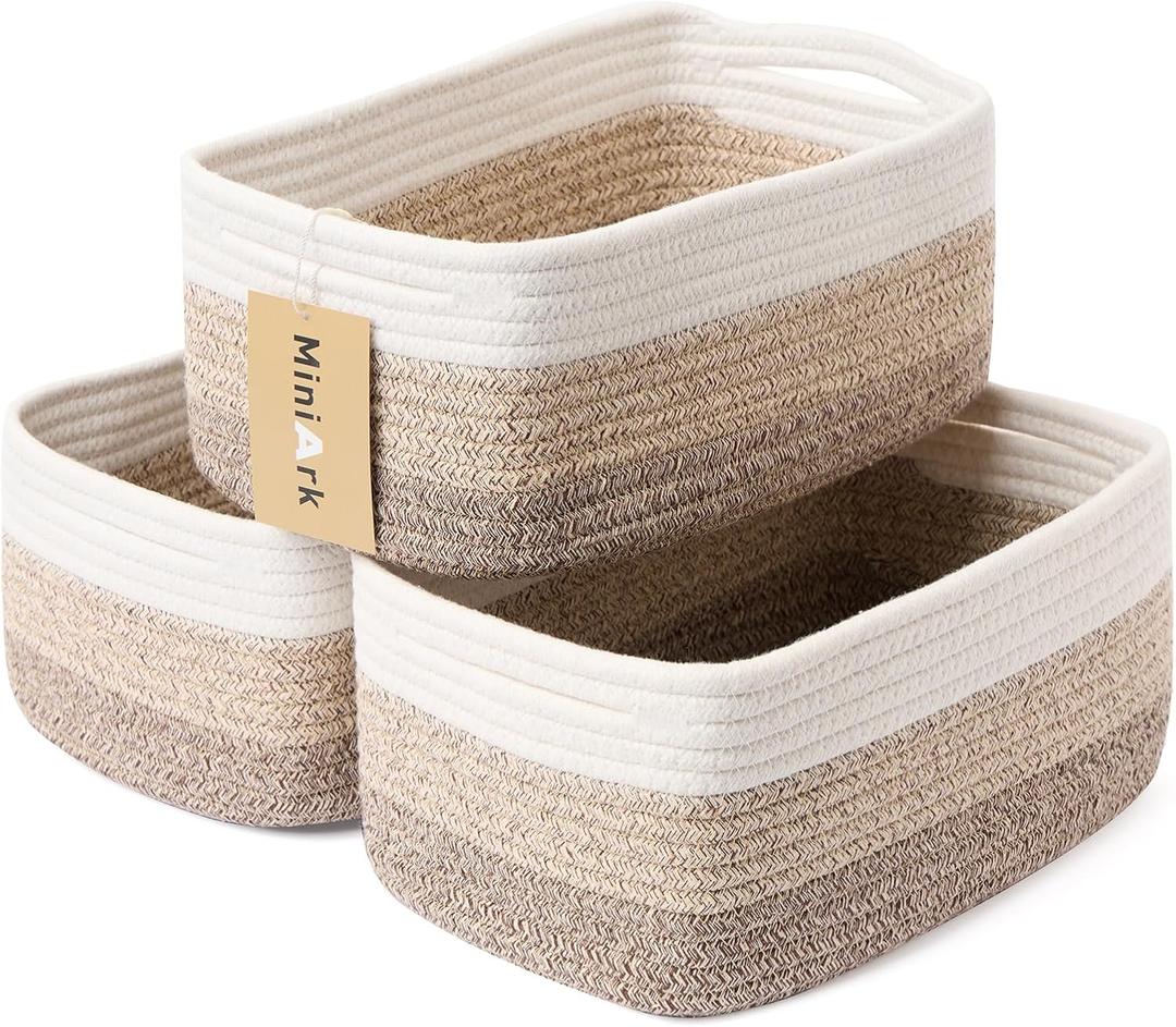 Small Storage Baskets for Organizing | Closet Organizer Bins | Shelf Toy Basket | Woven Rope Baskets | Cube Decorative Box | Shallow Basket | 13x8.5x5.1 | 3 Packs Gradient Brown