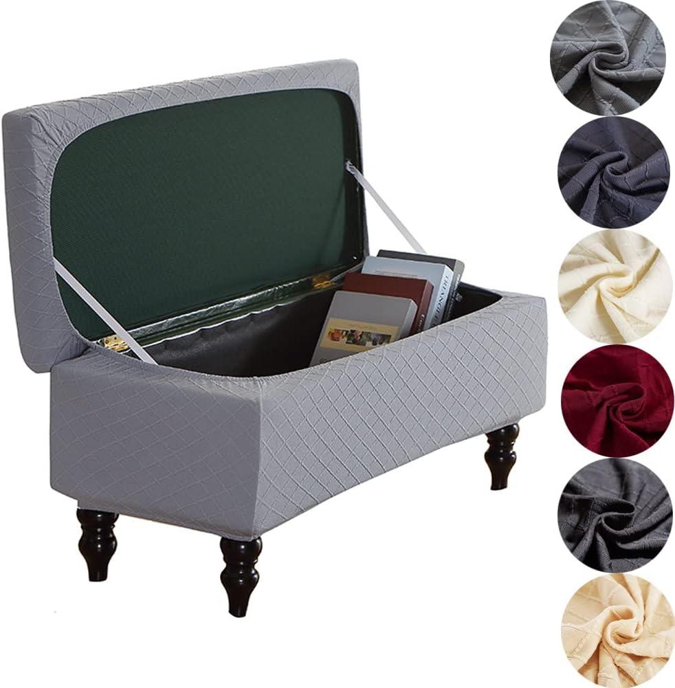 ANWUCHEN Stretch Ottoman Cover Rectangle - Jacquard Slipcover for Storage Bench With Elastic Bands and Ties, Removable and Folding, Gray Small (25"D x 16"W x 15"H, Grey)