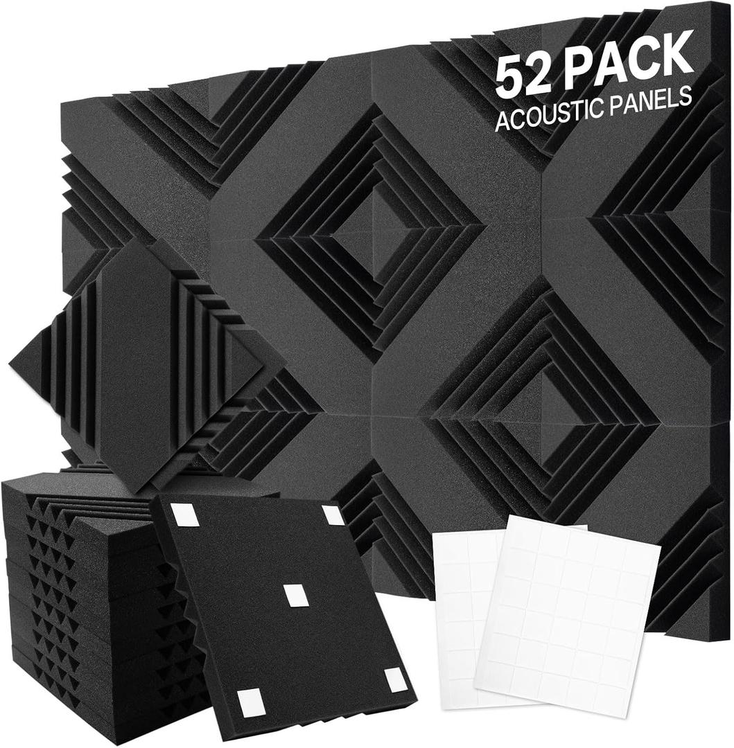 VallisCo 52 Pack Acoustic Panels 1 X 12 X 12 Inch Upgraded, Acoustic Foam Panels for Soundproofing, Noise Reduction, Soundproof Panels for Studios, Offices, and Home Theaters (1 x 12 x 12Inches)