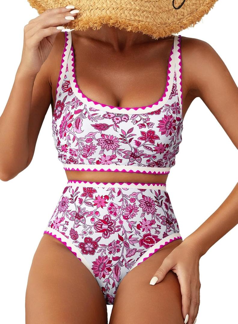 Herseas Womens Bikini Sets Floral Color Block Trim Two Piece Trendy Swimsuits High Waisted Scoop Wireless Pink Bathing Suits, Small