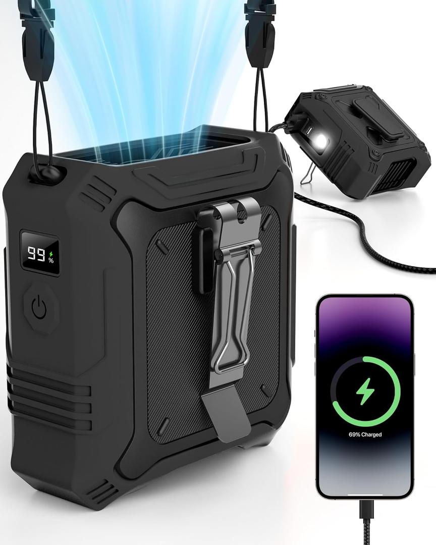 Portable Fan with 5-Speed Settings, Dual-Sided Clip on Wearable Belt Waist Fan for 8000mAh, 2 Settings including Flashlight,Travel Essential for Outdoor Camping as Power Bank (Black)