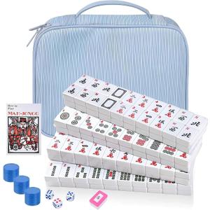 Portable American Mahjong Set, 166 Mahjong Tiles with Carrying Bag, 3 Dice, 40 Chips, Wind Indicator, Instruction Book, Compact Travel Game Set