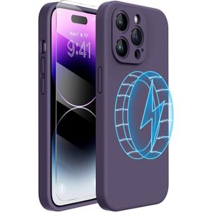 Miracase Magnetic Liquid Silicone Case Designed for iPhone 14 Pro Max, Dark Purple Magnetic Phone Case | with Screen Protector, Upgraded Enhanced Camera Protection, Shockproof, 6.7 inch