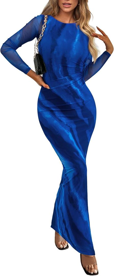 PRETTYGARDEN Women's Bodycon Maxi Dress Fall Spring Fashion Long Sleeve Floral Print Tight Fitted Party Club Ruched Dresses (Blue, M)