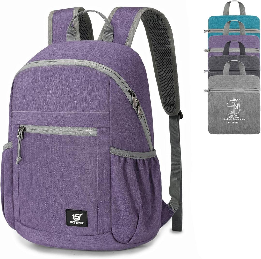 SKYSPER Anti Theft Hiking Backpack, 18L RFID Packable Travel Daypack, Lightweight Foldable Back Pack for Walking Daytrip (Purple)