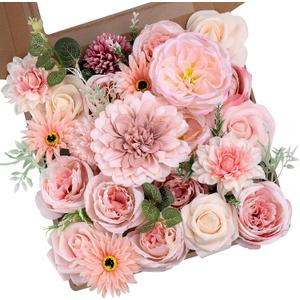 Hot Pink Artificial Flowers Combo, Fake Silk Peonies Roses, Dahlia with Stems for Wedding Bridal Bouquets, Baby Shower, Birthday Party, Table Centerpieces, Home Decor & DIY Floral Arrangements