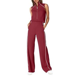 SENSERISE Women's Summer Jumpsuits Dressy Casual Sleeveless Mock Neck Top Wide Leg Pants Romper with Pockets(Burgundy Red, M)