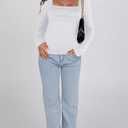 Womens Long Sleeve Shirts 2025 Sexy Ruched Square Neck Tops Trendy Double Lined Fitted Top Blouses Outfits (White, M)