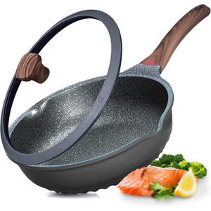 Vinchef Nonstick Deep Frying Pan Skillet with Lid, 11in/5Qt Saute Pan, German 3C+ Ceramic Coating Technology, Heat Indicator, Induction Compatible (Black)