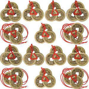 Boao Chinese Fortune Coins Feng Shui I Ching Good Luck Coins Traditional Brass New Year Favor with Red String for Wealth and Success, 5 Styles(30 Pieces)