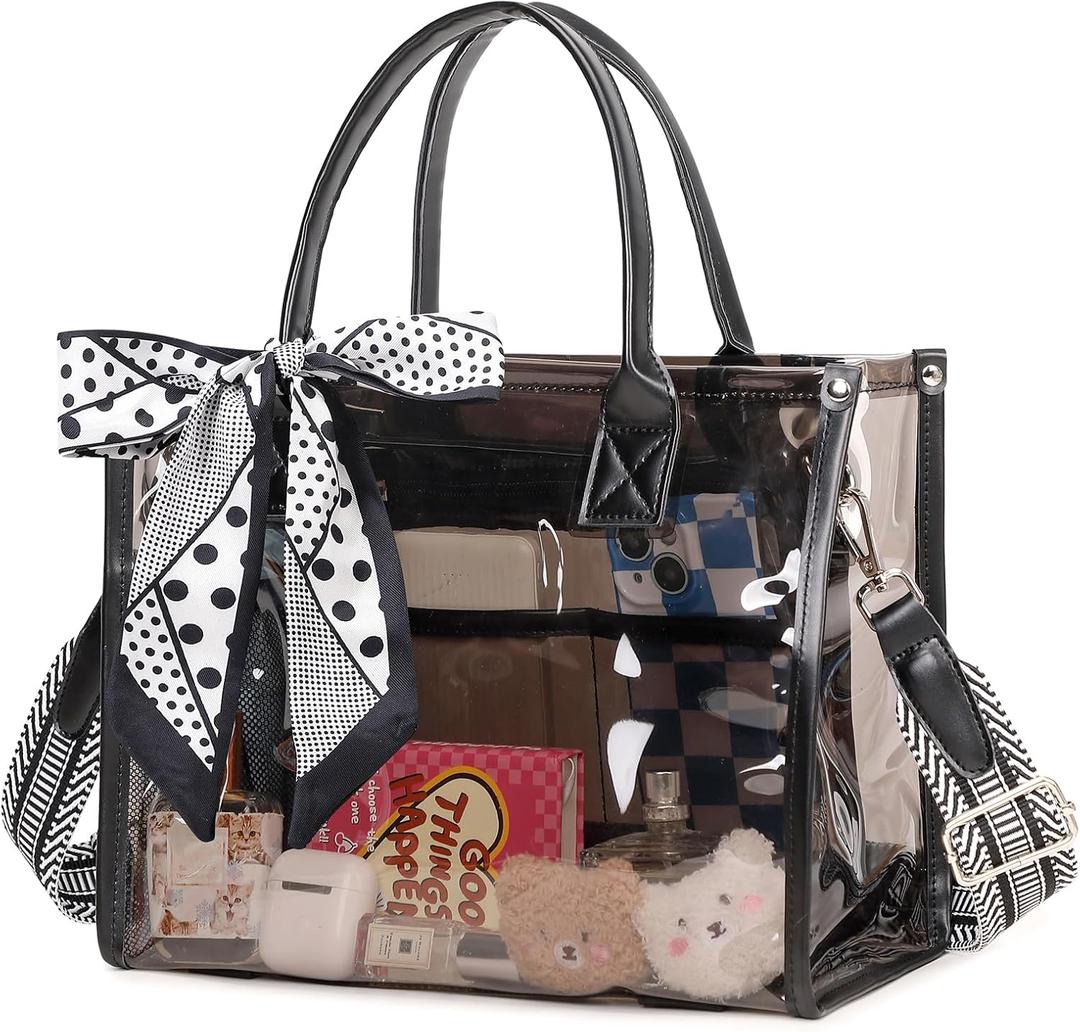 Clear Tote Bag Stadium Events Transparent Clear Purse for Women Thick PVC Shoulder Bag with Guitar Strap for Concert