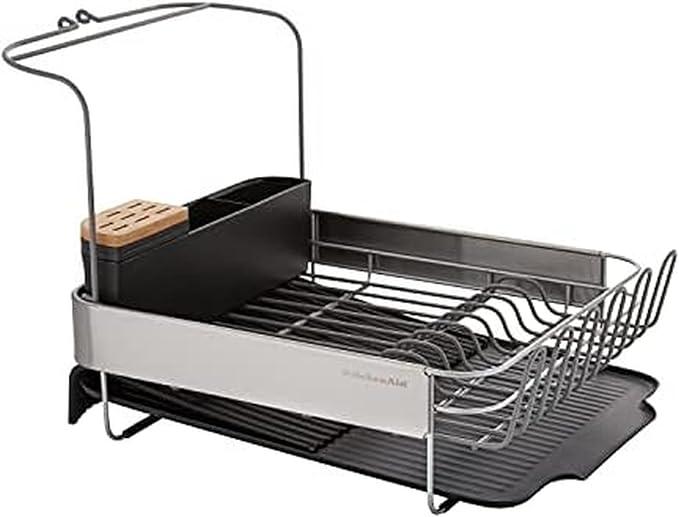 KitchenAid Compact Space Saving, Dish Rack with Removable Flatware Caddy and Angled Self Draining Drainboard, Satin Gray, 15Inchby13.25Inch