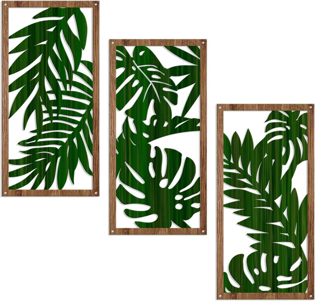 Oubasa Metal Palm Leaves Wall Decor, 3 Pcs Metal Boho Wall Art Green Leaf Home Decor, Abstract Botanical Tropical Plant Wall Sculpture for Bathroom Bedroom Decoration, 15.7 x 7.8 Inches x 3