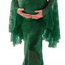 Saslax Off Shoulder Lace Maternity Dress for Photography Maxi Maternity Props Dresses for Photo Shoot Baby Shower (Green, Medium)