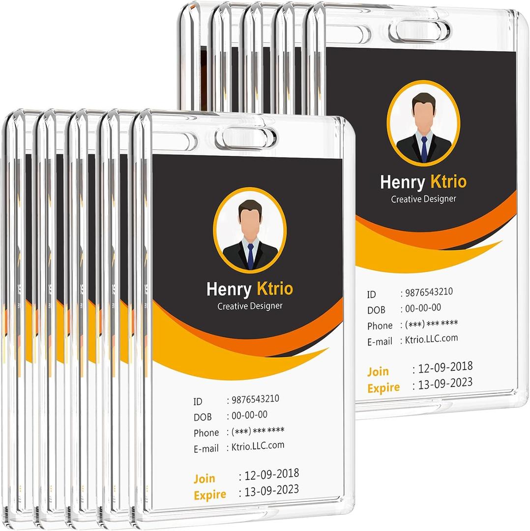 KTRIO ID Badge Holder, Clear Acrylic Card Holder with Thumb Slot, Holds 2 Cards, Vertical Badge Holder for Nurses, Students, Office Staff, 10 Pack
