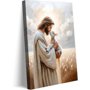 Jesus Holding sheep Canvas Wall Art Jesus Christ The Good Shepherd Wall Decor Picture Religious Christian Poster Print for Church Living Room Bedroom Home Decoration 12x16in Prepare to hang