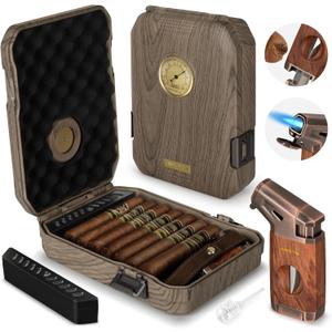 Travel Cigar Humidor Case - Cedar Lined, V Cut Cutter, Portable Humidor with Humidifier & Hygrometer, Holds 7-9 Cigars, Includes Lighter - Gift Set (Dark wood)