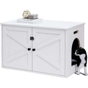 Timberer Cat Litter Box Enclosure, Litter Box Furniture Hidden with Removable Divider, Wooden Cat Washroom Furniture, Indoor Cat House, White