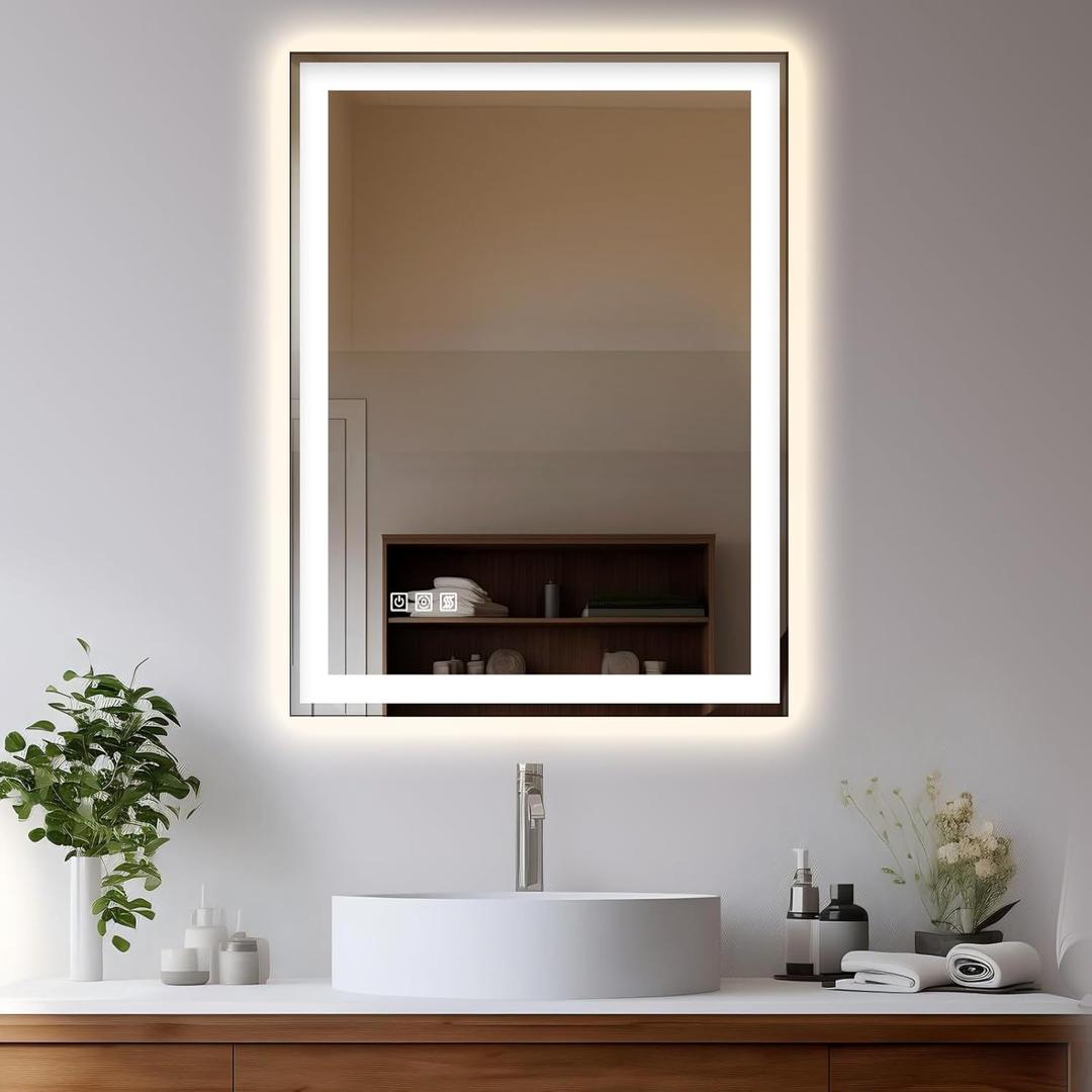 24"x32" LED Bathroom Mirror with Lights, Front & Backlit, 3 Colors Dimmable Lighted Bathroom Vanity Mirror, Anti-Fog, Memory Function, Shatter-Proof Tempered Glass (Square)