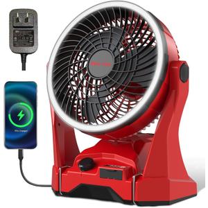 Fan for Milwaukee M18 Battery, Portable Jobsite Camping Fan with Infinite Speed Control, 3-Level Ring Light, USB-C and USB Charging, Hook, Handle, 180° Tilt for Outdoor Use, Battery Not Included