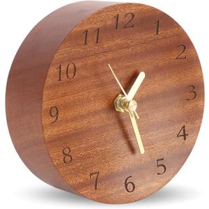 Wooden Analog Desk Clock, 4.7 inch Round Desktop Clock Decoration, Modern Desk and Shelf Clock, Silent Non-Ticking Battery Operated Table Clock Mantel Clock for Office, Living Room, Bedroom
