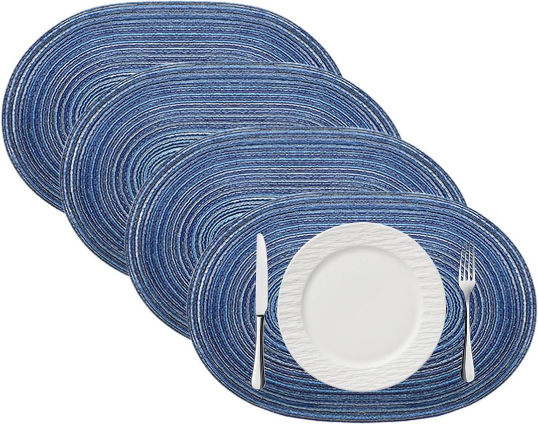 Woven Placemat Set of 4, Oval Place Mats, 12"X18" Wipeable Placemats, Heat-Resistant Durable Table Mats for Dining Table Easy to Clean (Blue)