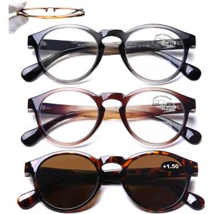 AQWANO 3-Pack Bifocal Reading Glasses Computer Blue Light Blocking, Stylish Round Comfort Ultra-Thin Frames Lightweight Bifocal Readers Sunglasses Men Women, 1.0