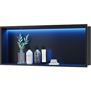 RGB LED Light Shower Niche, Matte Black 30X12 in Stainless Steel Wall Niche with Remote Control, Waterproof No Tile Needed Wall Niche for Bathroom Storage Built-in Installation
