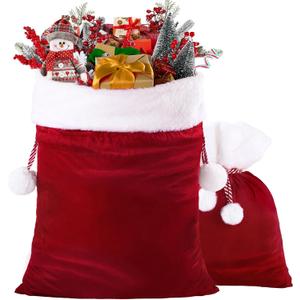 DIYDEC 2pcs Christmas Velvet Santa Bags with Drawstring Christmas Red Gift Bags Large Santa Gift Sack for Xmas Present Party Supply Costume Holiday Wrapping