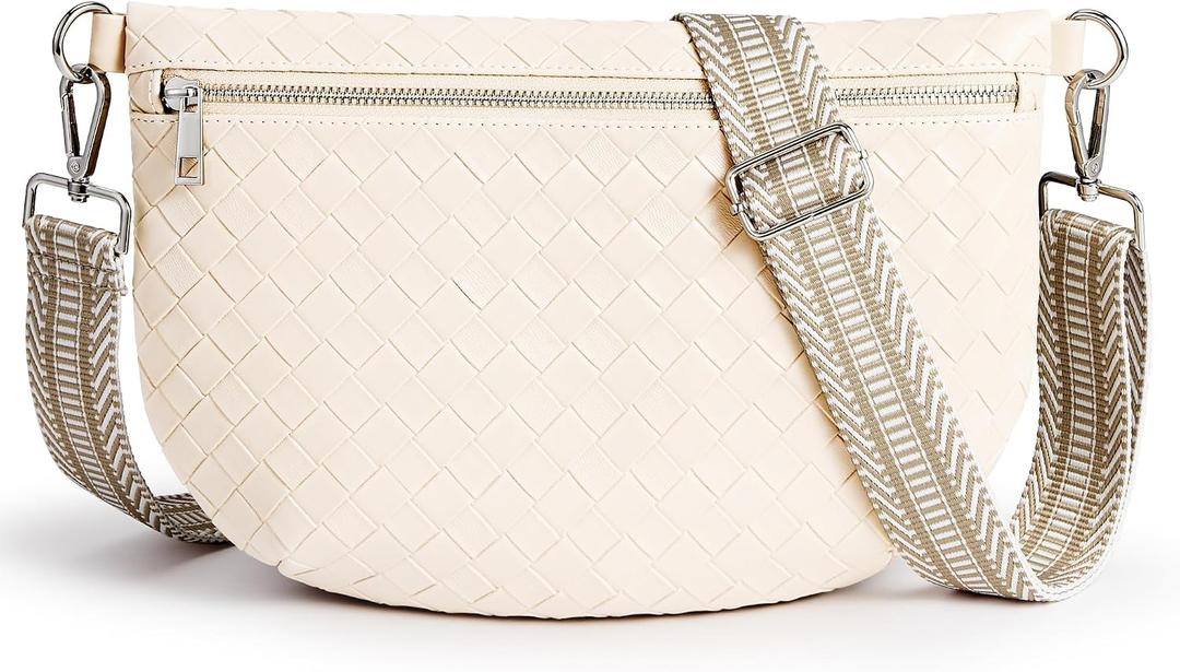 KALIDI Woven Crossbody Bags for Women Travel Vegan Leather Fanny Packs for Woman Cross Body Purse Fashion Belt Bum Bag with Wide Strap