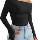 OMKAGI Women Long Sleeve Tops Boat Neck Off Shoulder Shirts Fitted Going Out Y2K Crop Top (Black, S)