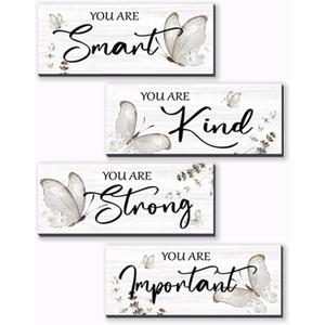 DONFENTHY 4 Pcs Butterfly Wall Decor Black Room Decor Wooden Positive Butterfly Decor with Inspirational Word Black White Grey for Women Room Bathroom Bedroom Office(Black,10x4 In)