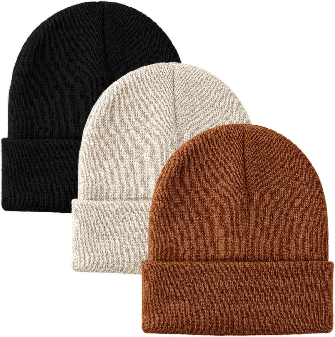 Glooarm 3 Pack Toddler Beanie Kids Beanie Winter Hats Knit Ribbed Boys Girls Beanies Warm Cuffed Caps (Black, Beige, Camel)