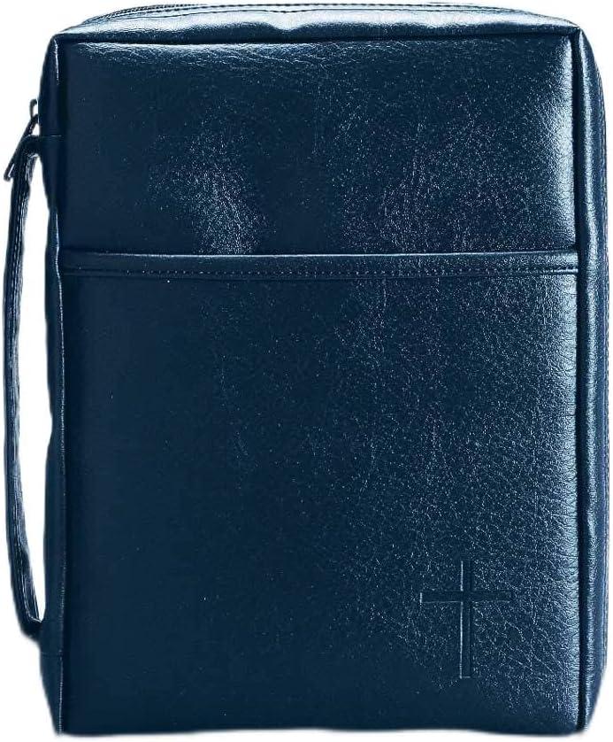 Blue Embossed Cross with Front Pocket Leather Look Bible Cover with Handle, Large